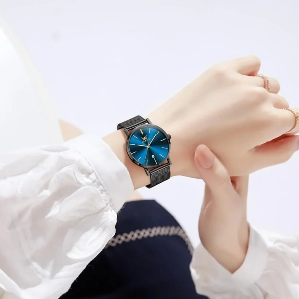 Women's Blue Black Watches for Ladies Female Wrist Watch Leather Band Waterproof